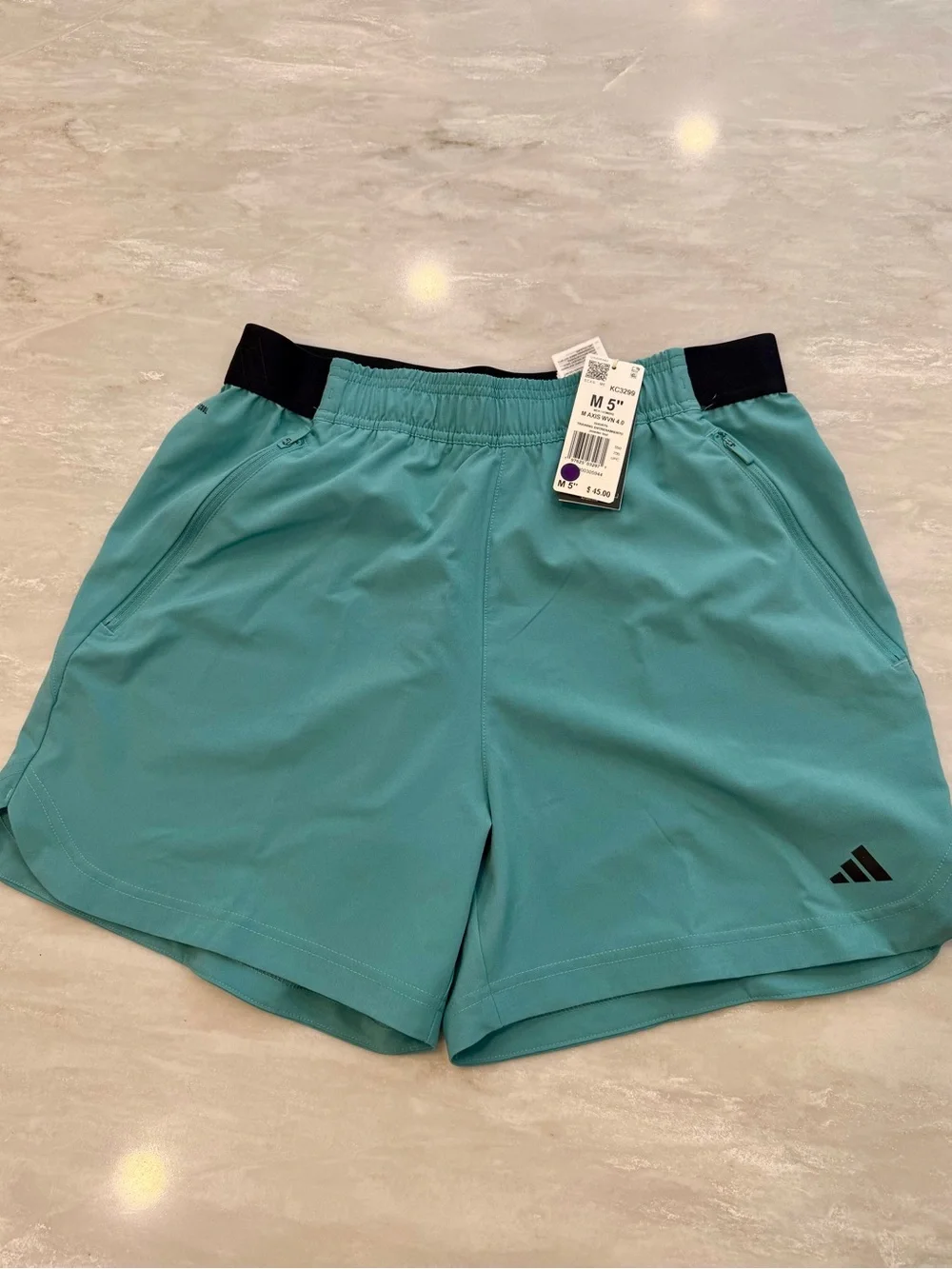 adidas Men’s Mediun Teal Swim Trunks-  Black Waistband -5in inseam- Swimsuit